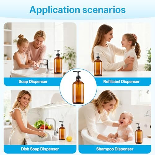 GIVAMEIHF Amber Glass Dispenser Bottles 2-Pack, 16oz Refillable Soap Dispensers with Pump - Brown Glass Containers for Kitchen, Bathroom, Dish Soap, Lotion, Shampoo, Conditioner & Body Wash - görsel 8