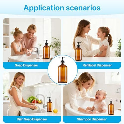 GIVAMEIHF Amber Glass Dispenser Bottles 2-Pack, 16oz Refillable Soap Dispensers with Pump - Brown Glass Containers for Kitchen, Bathroom, Dish Soap, Lotion, Shampoo, Conditioner & Body Wash