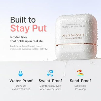KAHI Airy Fit Sun Stick S - SPF 50+ Triple Functional Broad Spectrum Face Sunscreen Stick - Waterproof, Sweatproof & Sandproof - Ultra-Lightweight & Non-Greasy Sun Shield - Korean Skin Care 0.45 oz Avelisse