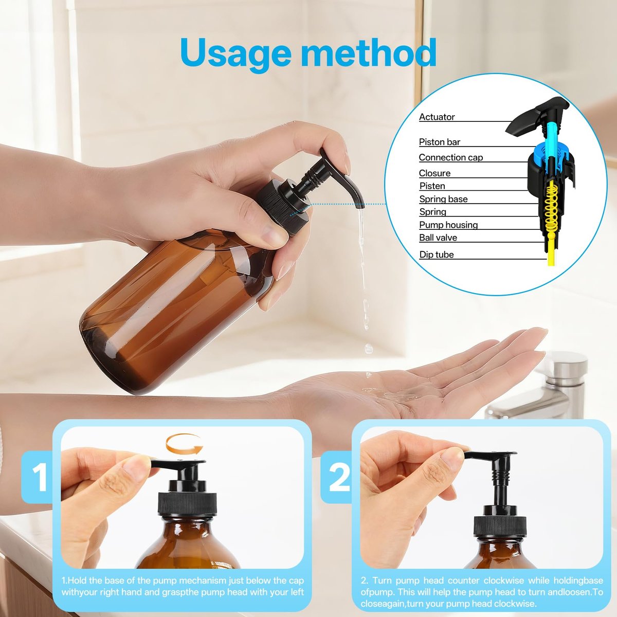 GIVAMEIHF 8oz Amber Glass Dispenser Bottles 3-Pack - Refillable Soap Dispenser with Drip-Free Pump for Kitchen & Bathroom - görsel 5