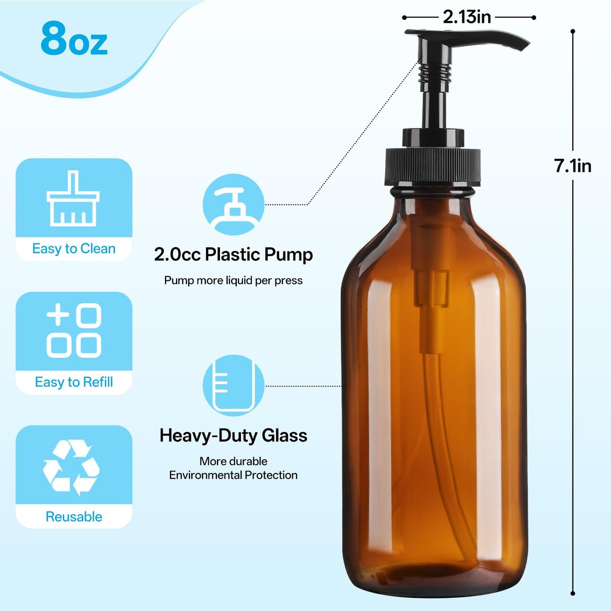 GIVAMEIHF 8oz Amber Glass Dispenser Bottles 3-Pack - Refillable Soap Dispenser with Drip-Free Pump for Kitchen & Bathroom - görsel 3