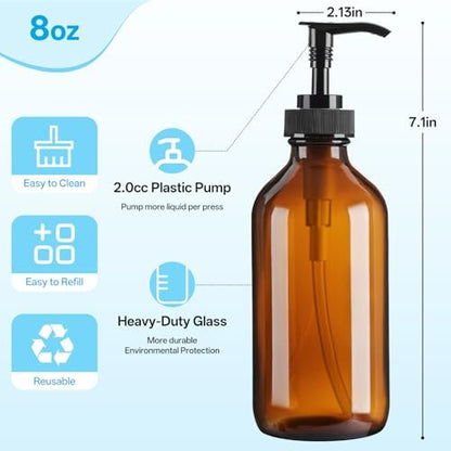 GIVAMEIHF 8oz Amber Glass Dispenser Bottles 3-Pack - Refillable Soap Dispenser with Drip-Free Pump for Kitchen & Bathroom