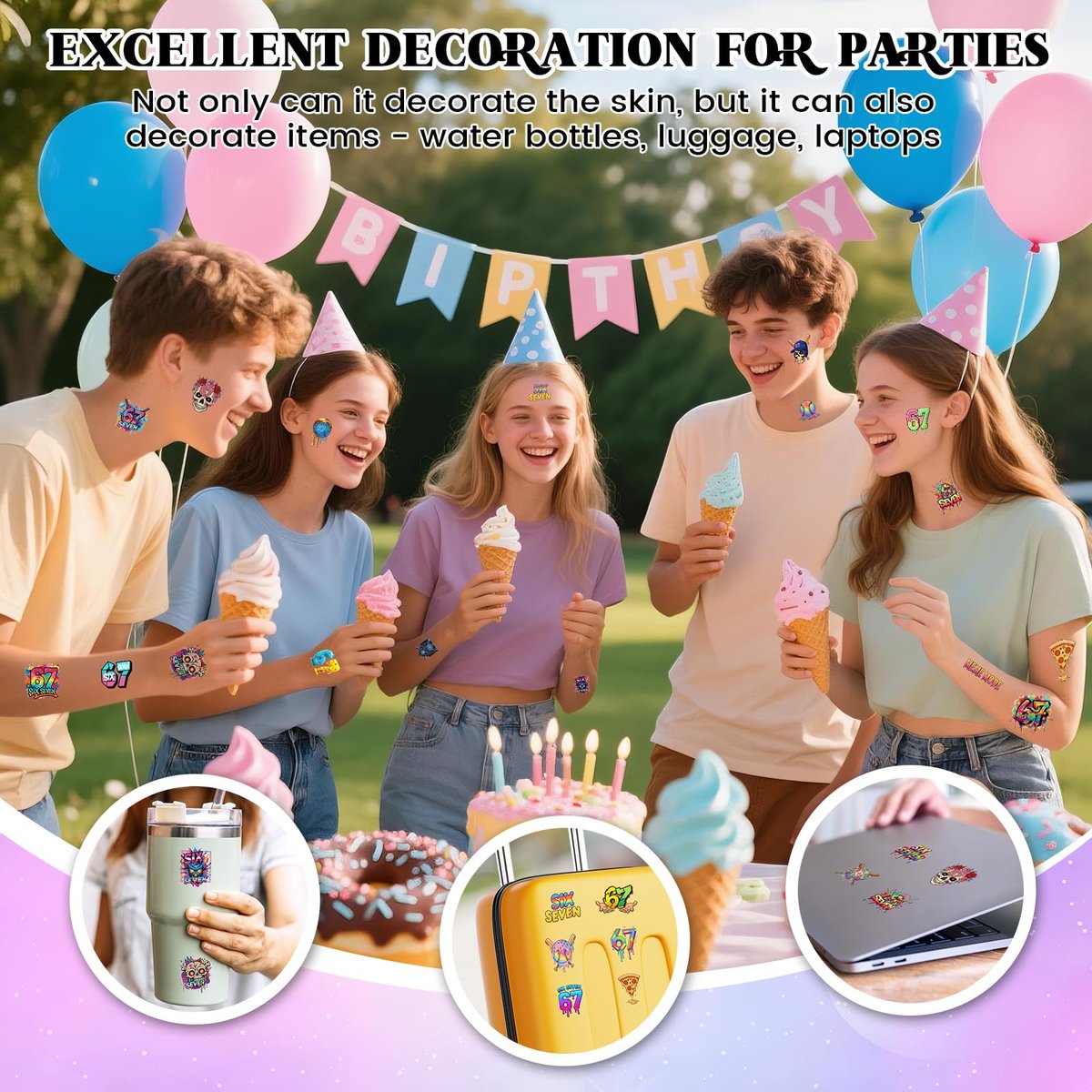 180-Piece 6 & 7 Birthday Temporary Tattoos – Drip Baseball & Ice Cream Party Decorations for Kids and Adults - görsel 7