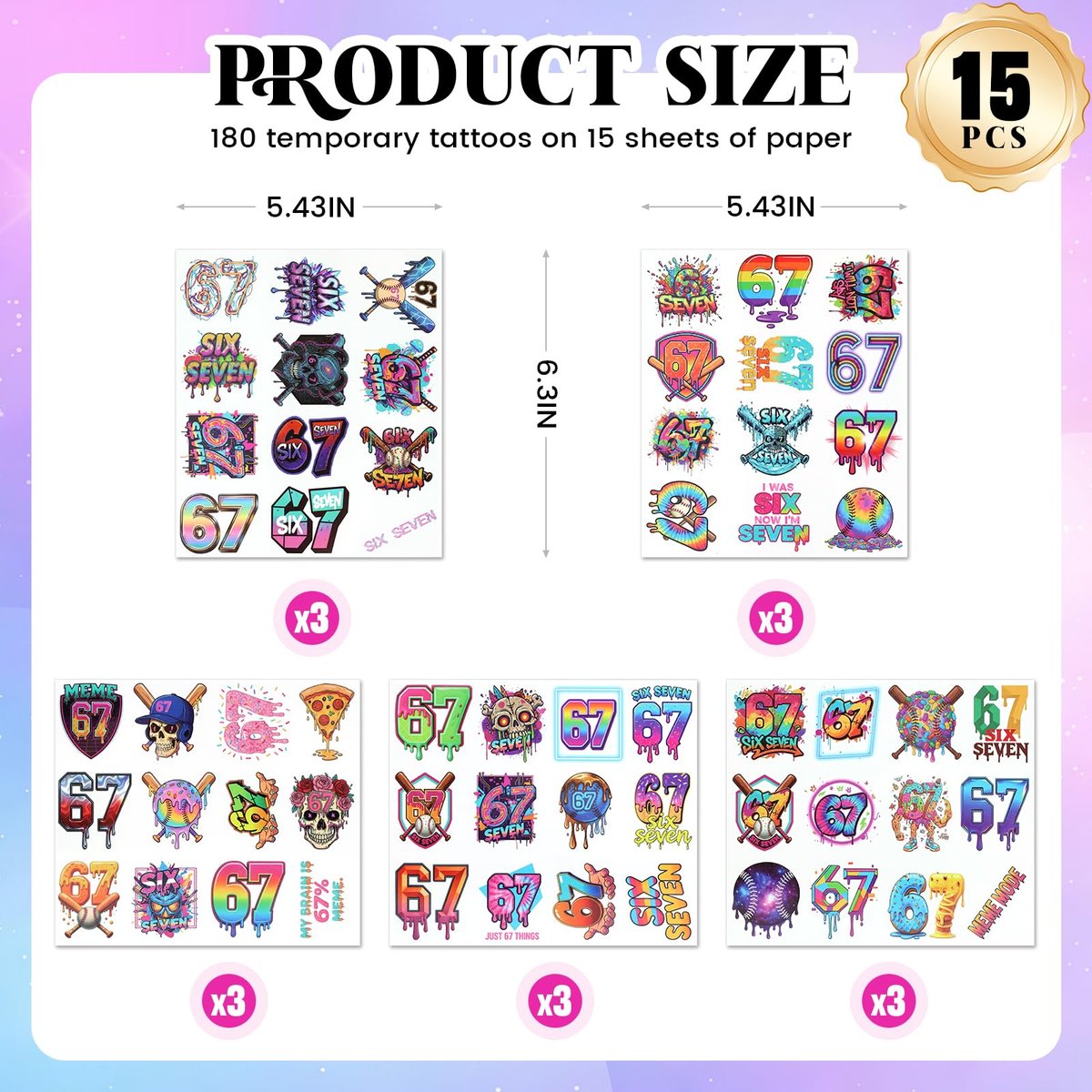 180-Piece 6 & 7 Birthday Temporary Tattoos – Drip Baseball & Ice Cream Party Decorations for Kids and Adults - görsel 5