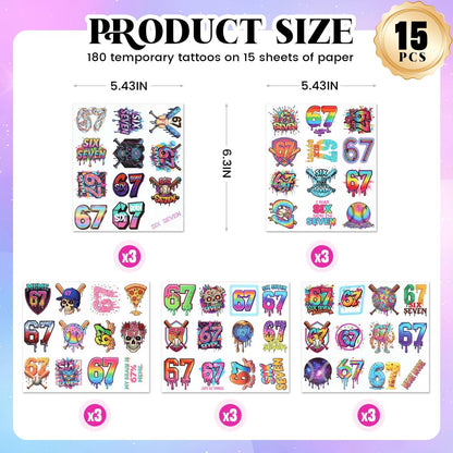180-Piece 6 & 7 Birthday Temporary Tattoos – Drip Baseball & Ice Cream Party Decorations for Kids and Adults