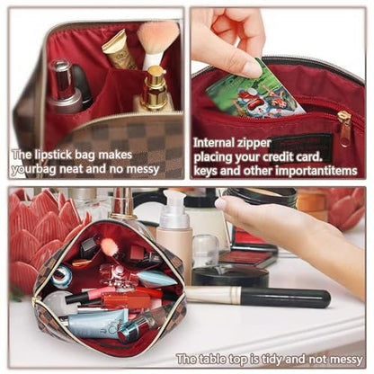 2 Pack Brown Leather Makeup Bag Set for Women - Large Cosmetic Case & Small Zipper Pouch, Water-Resistant Travel Toiletry Organizer Avelisse