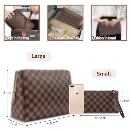 2 Pack Brown Leather Makeup Bag Set for Women - Large Cosmetic Case & Small Zipper Pouch, Water-Resistant Travel Toiletry Organizer Avelisse