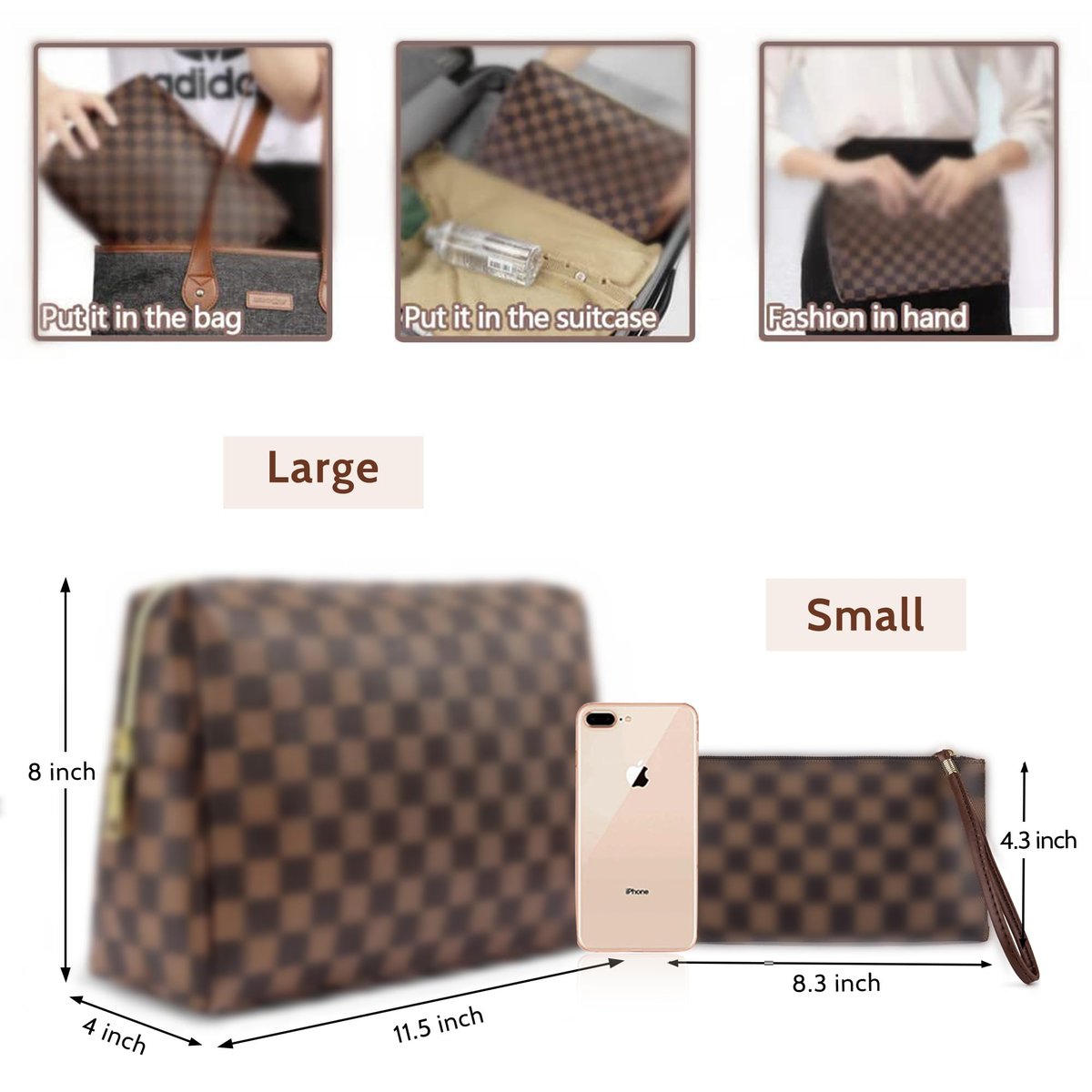 2 Pack Brown Leather Makeup Bag Set for Women - Large Cosmetic Case & Small Zipper Pouch, Water-Resistant Travel Toiletry Organizer Avelisse
