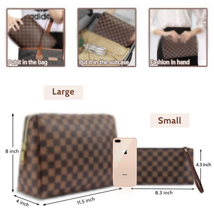 2 Pack Brown Leather Makeup Bag Set for Women - Large Cosmetic Case & Small Zipper Pouch, Water-Resistant Travel Toiletry Organizer Avelisse