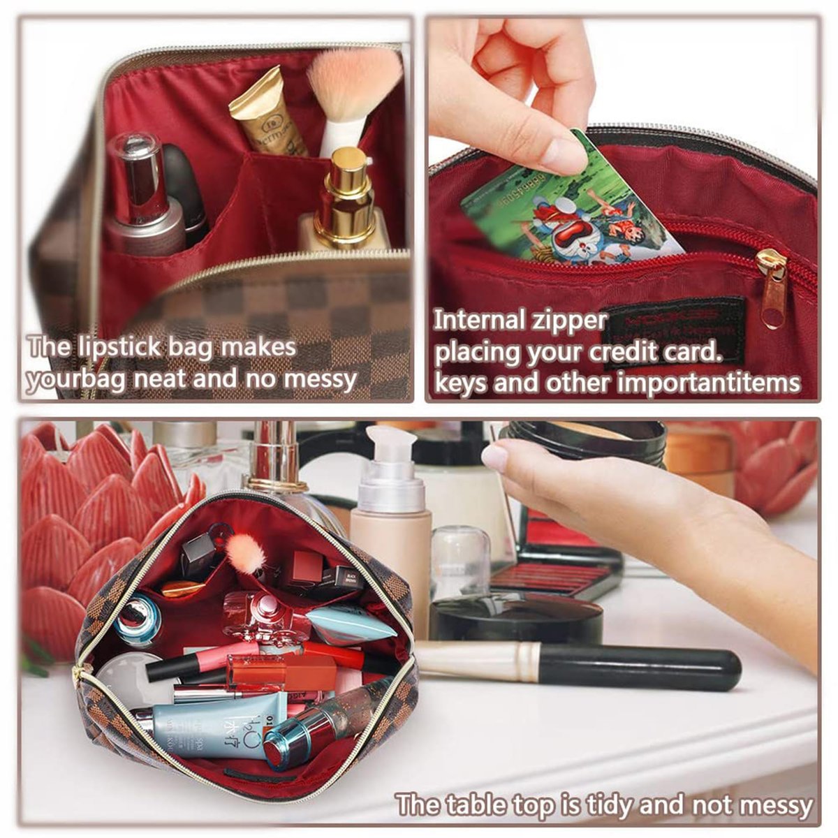 2 Pack Brown Leather Makeup Bag Set for Women - Large Cosmetic Case & Small Zipper Pouch, Water-Resistant Travel Toiletry Organizer Avelisse