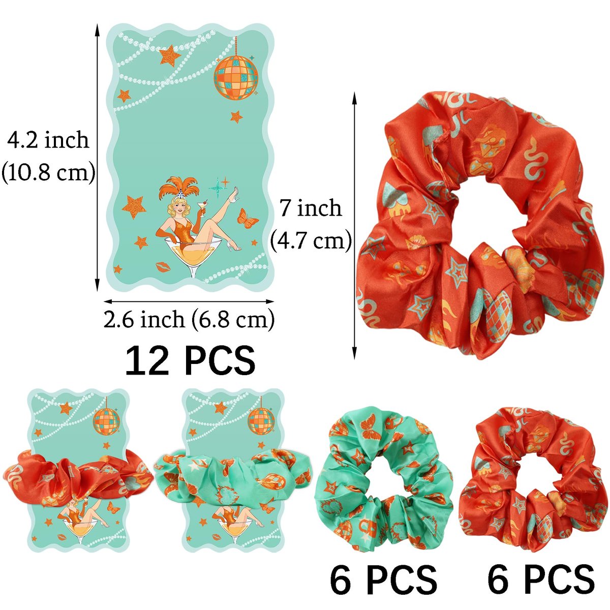 READIGO Showgirl Party Decorations - 12 PCS Orange & Teal Satin Hair Scrunchies with Cards for Birthday, Bachelorette, Girls Night Favors - görsel 3