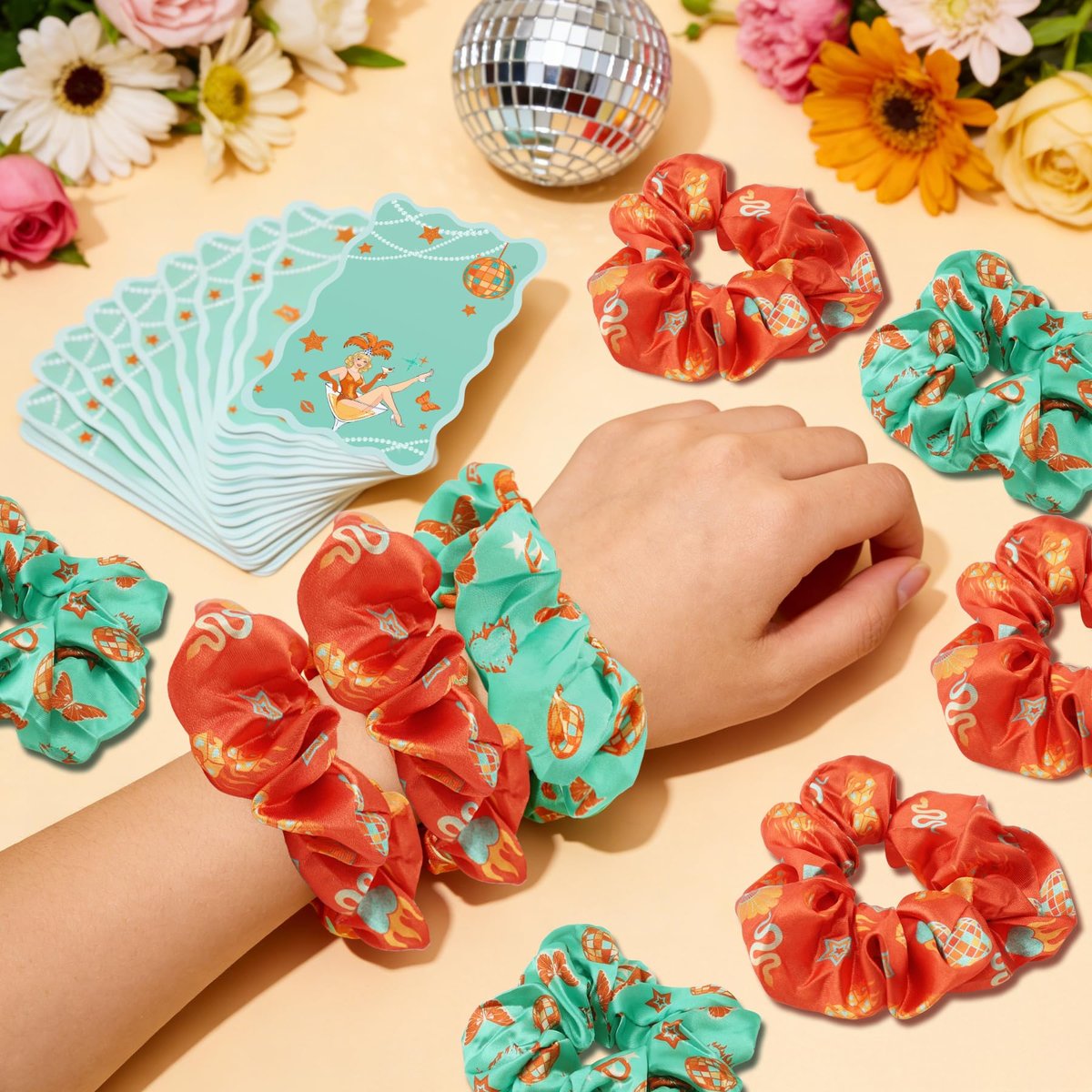 READIGO Showgirl Party Decorations - 12 PCS Orange & Teal Satin Hair Scrunchies with Cards for Birthday, Bachelorette, Girls Night Favors - görsel 5