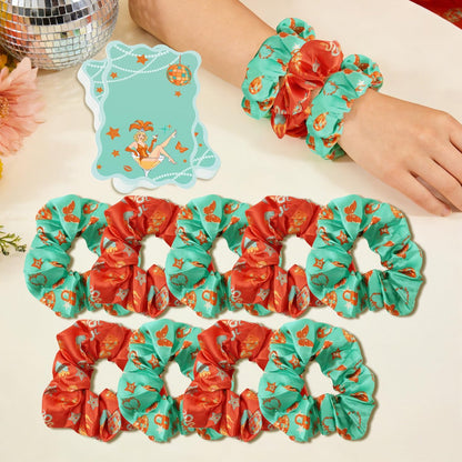 READIGO Showgirl Party Decorations - 12 PCS Orange & Teal Satin Hair Scrunchies with Cards for Birthday, Bachelorette, Girls Night Favors
