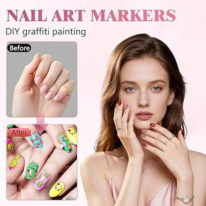 12 Colors Nail Art Pens - 0.5mm Fine Tip 3D Acrylic Polish Pen Set, Waterproof Quick-Drying Dotting Graffiti Drawing Liner Brush, DIY Nail Art Design Manicure Tools for Beginners Women Home Salon