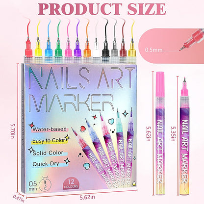 12 Colors Nail Art Pens - 0.5mm Fine Tip 3D Acrylic Polish Pen Set, Waterproof Quick-Drying Dotting Graffiti Drawing Liner Brush, DIY Nail Art Design Manicure Tools for Beginners Women Home Salon