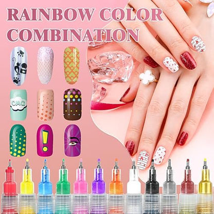12 Colors Nail Art Pens - 0.5mm Fine Tip 3D Acrylic Polish Pen Set, Waterproof Quick-Drying Dotting Graffiti Drawing Liner Brush, DIY Nail Art Design Manicure Tools for Beginners Women Home Salon