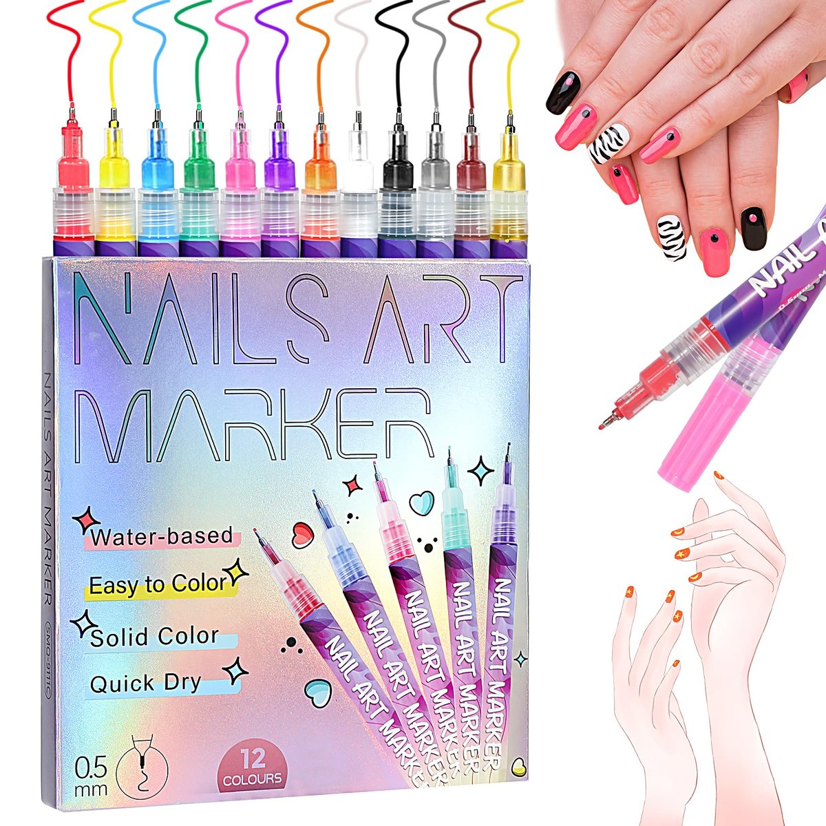 12 Colors Nail Art Pens - 0.5mm Fine Tip 3D Acrylic Polish Pen Set, Waterproof Quick-Drying Dotting Graffiti Drawing Liner Brush, DIY Nail Art Design Manicure Tools for Beginners Women Home Salon - görsel 1