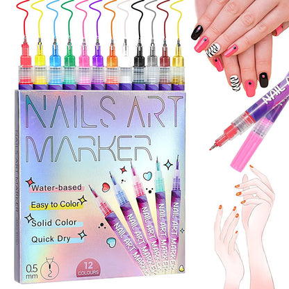 12 Colors Nail Art Pens - 0.5mm Fine Tip 3D Acrylic Polish Pen Set, Waterproof Quick-Drying Dotting Graffiti Drawing Liner Brush, DIY Nail Art Design Manicure Tools for Beginners Women Home Salon