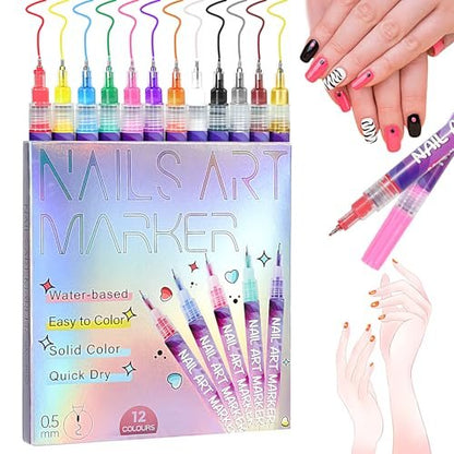 12 Colors Nail Art Pens - 0.5mm Fine Tip 3D Acrylic Polish Pen Set, Waterproof Quick-Drying Dotting Graffiti Drawing Liner Brush, DIY Nail Art Design Manicure Tools for Beginners Women Home Salon