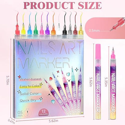 12 Colors Nail Art Pens - 0.5mm Fine Tip 3D Acrylic Polish Pen Set, Waterproof Quick-Drying Dotting Graffiti Drawing Liner Brush, DIY Nail Art Design Manicure Tools for Beginners Women Home Salon