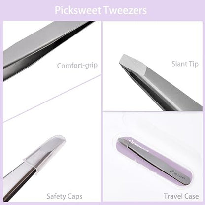 Picksweet Precision Slanted Tweezers for Women – Stainless Steel Facial Hair Removal Tool with Travel Case