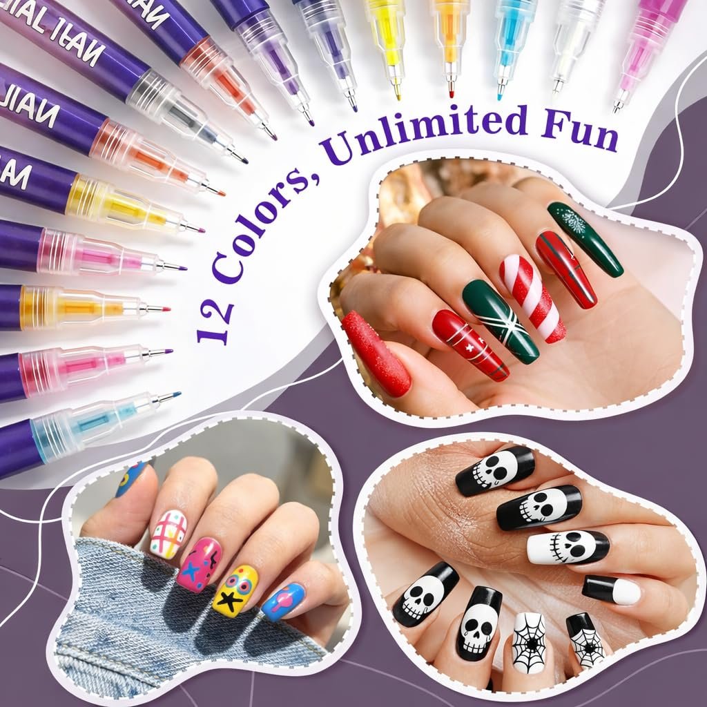 12 Colors Nail Art Markers – Water-Based Quick Dry Nail Polish Pens Set with Fine Tip for DIY Manicure & Nail Design Avelisse