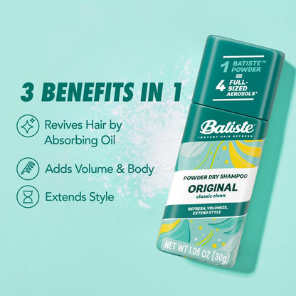 Batiste Powder Dry Shampoo – Original Scent, Oil-Absorbing, Non-Aerosol, TSA Compliant (1.06 oz)