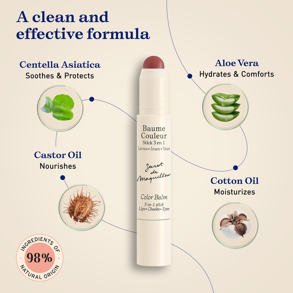 Embryolisse Color Balm 3-in-1 Stick, Mocha - Multi-Use Tint for Eyes, Lips & Cheeks, Hydrating Balm with Centella Asiatica & Aloe Vera, Vegan, Fragrance Free, 0.08 oz Avelisse