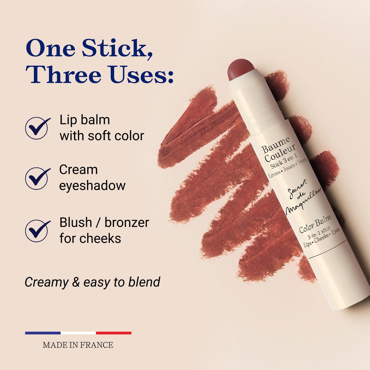 Embryolisse Color Balm 3-in-1 Stick, Mocha - Multi-Use Tint for Eyes, Lips & Cheeks, Hydrating Balm with Centella Asiatica & Aloe Vera, Vegan, Fragrance Free, 0.08 oz Avelisse
