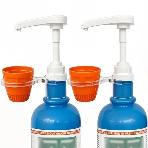 QUISBE Mouthwash Dispenser Pump with Cup Holder - Compatible with TheraBreath 16 Fl Oz - Reusable Oral Rinse Pump Set for Bathroom, Easy to Use, 2 Pack (White, Clear) Avelisse