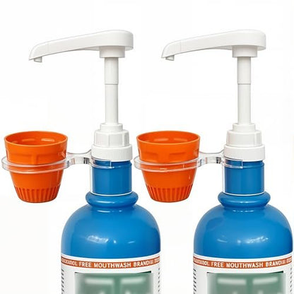 QUISBE Mouthwash Dispenser Pump with Cup Holder - Compatible with TheraBreath 16 Fl Oz - Reusable Oral Rinse Pump Set for Bathroom, Easy to Use, 2 Pack (White, Clear) Avelisse