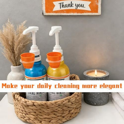 QUISBE Mouthwash Dispenser Pump with Cup Holder - Compatible with TheraBreath 16 Fl Oz - Reusable Oral Rinse Pump Set for Bathroom, Easy to Use, 2 Pack (White, Clear) Avelisse