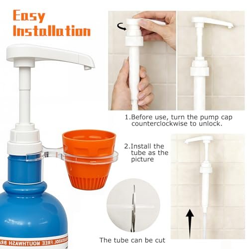 QUISBE Mouthwash Dispenser Pump with Cup Holder - Compatible with TheraBreath 16 Fl Oz - Reusable Oral Rinse Pump Set for Bathroom, Easy to Use, 2 Pack (White, Clear) Avelisse