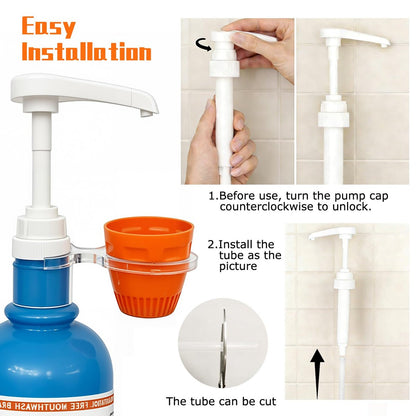 QUISBE Mouthwash Dispenser Pump with Cup Holder - Compatible with TheraBreath 16 Fl Oz - Reusable Oral Rinse Pump Set for Bathroom, Easy to Use, 2 Pack (White, Clear) Avelisse