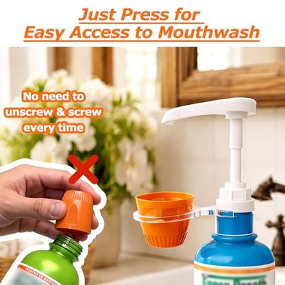 QUISBE Mouthwash Dispenser Pump with Cup Holder - Compatible with TheraBreath 16 Fl Oz - Reusable Oral Rinse Pump Set for Bathroom, Easy to Use, 2 Pack (White, Clear) Avelisse