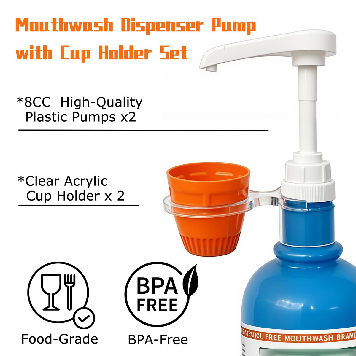 QUISBE Mouthwash Dispenser Pump with Cup Holder - Compatible with TheraBreath 16 Fl Oz - Reusable Oral Rinse Pump Set for Bathroom, Easy to Use, 2 Pack (White, Clear) Avelisse