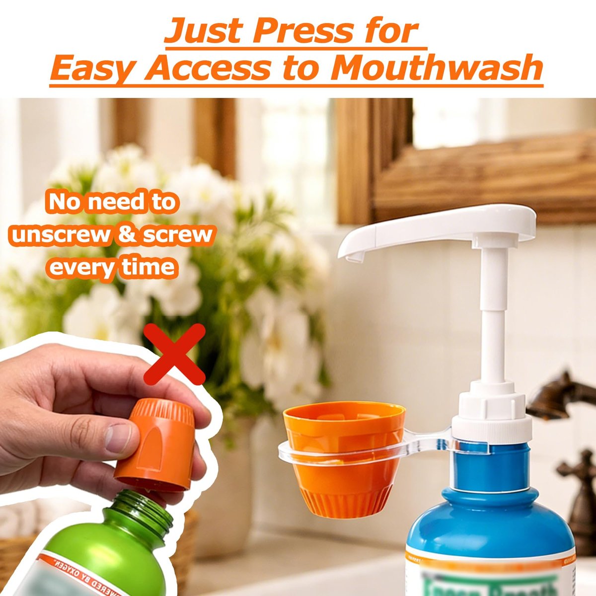 QUISBE Mouthwash Dispenser Pump with Cup Holder - Compatible with TheraBreath 16 Fl Oz - Reusable Oral Rinse Pump Set for Bathroom, Easy to Use, 2 Pack (White, Clear) Avelisse