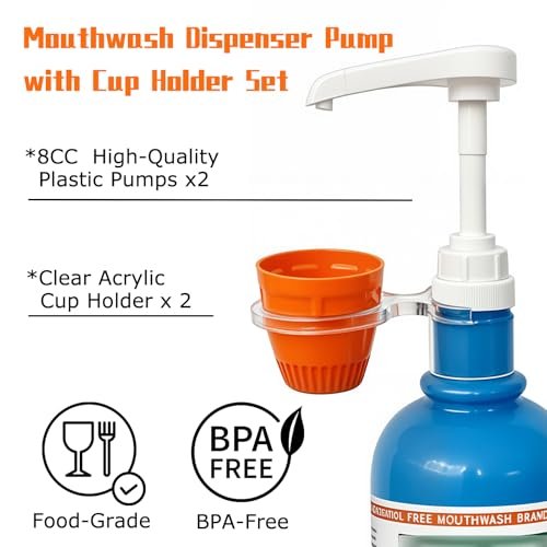 QUISBE Mouthwash Dispenser Pump with Cup Holder - Compatible with TheraBreath 16 Fl Oz - Reusable Oral Rinse Pump Set for Bathroom, Easy to Use, 2 Pack (White, Clear) Avelisse
