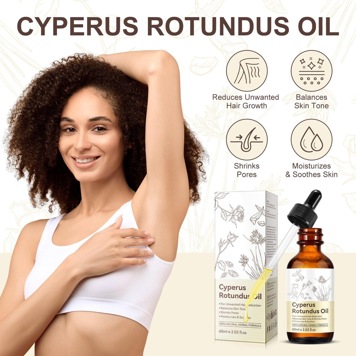 NIFEISHI Cyperus Rotundus Oil for Hair Removal – Natural Formula to Reduce Unwanted Body Hair Growth, Shrink Pores, Moisturize & Soothe Skin – Gentle & Suitable for All Skin Types – 2.02 Fl Oz / 60ml - görsel 5