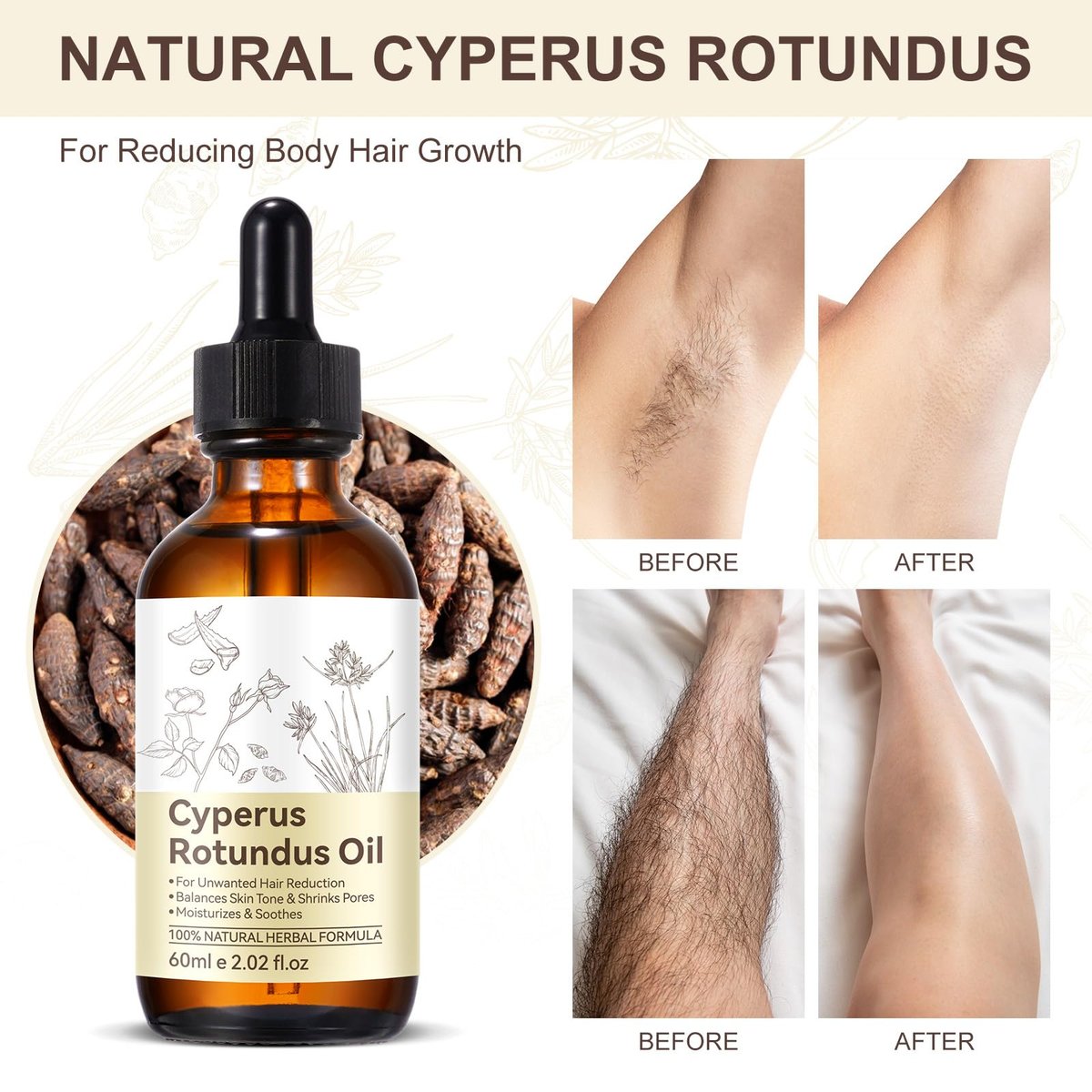 NIFEISHI Cyperus Rotundus Oil for Hair Removal – Natural Formula to Reduce Unwanted Body Hair Growth, Shrink Pores, Moisturize & Soothe Skin – Gentle & Suitable for All Skin Types – 2.02 Fl Oz / 60ml - görsel 7