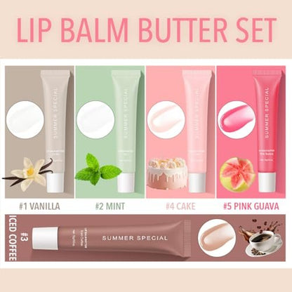 Summer Special Lip Balm Butter Set - 5-Piece Natural Shea Butter & Avocado Oil Hydrating Lip Care Gift Set