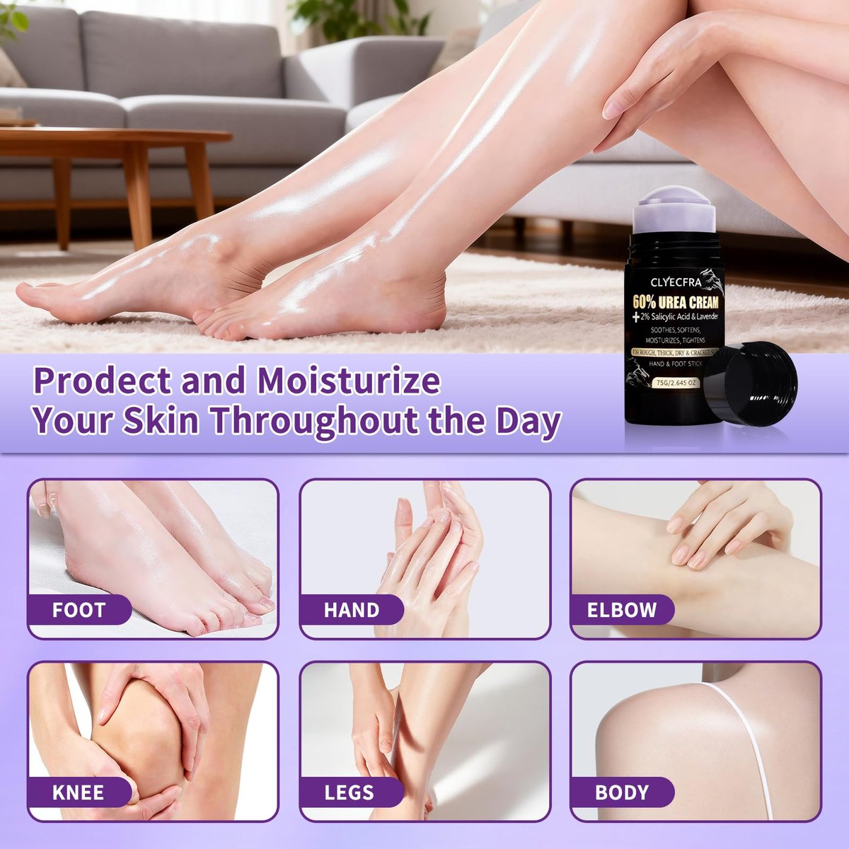 8-in-1 60% Urea Balm with 2% Salicylic Acid & Lavender - Maximum Strength Hand & Foot Stick for Rough, Dry, Thick & Cracked Skin, Callus Remover, Deep Hydration (75g) Avelisse