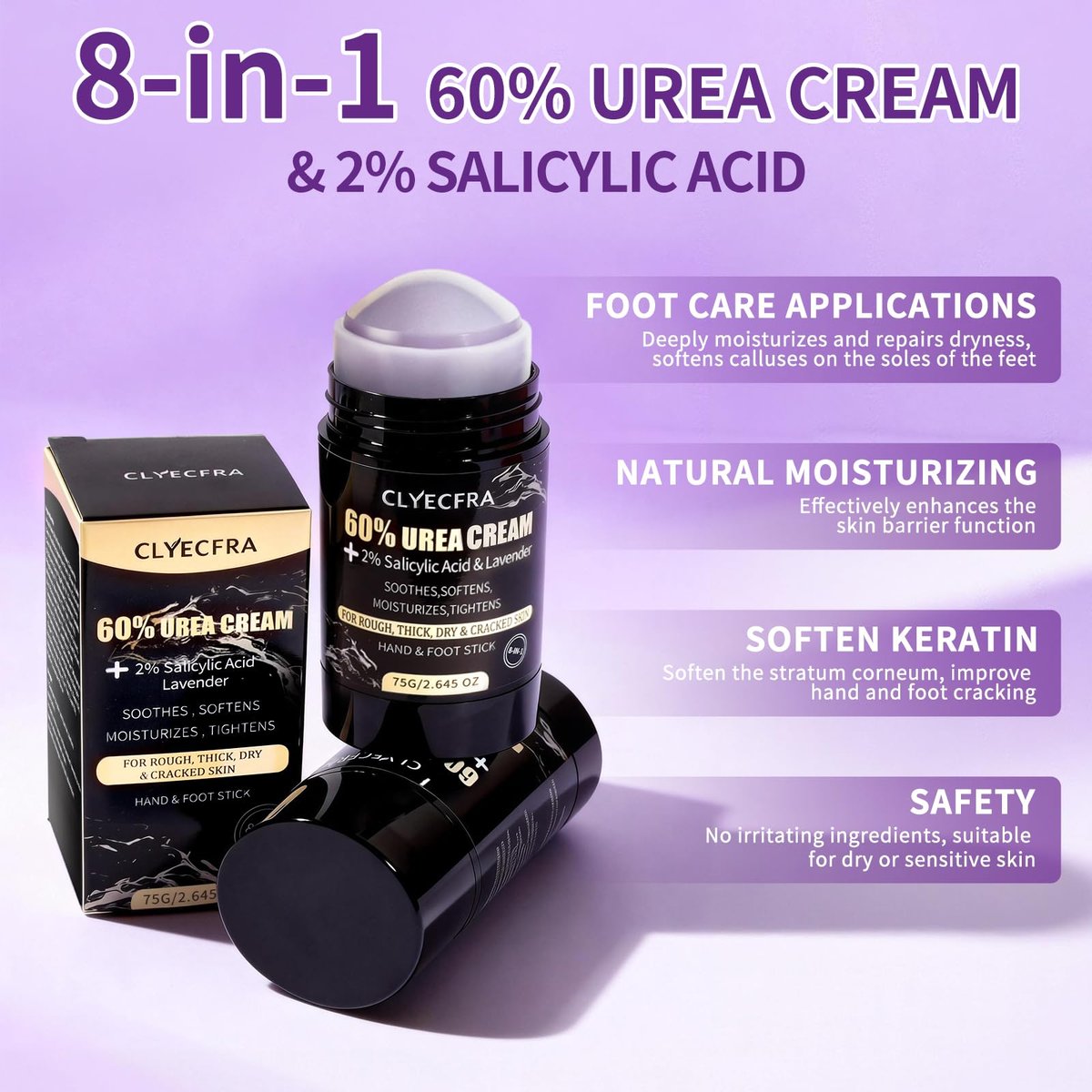 8-in-1 60% Urea Balm with 2% Salicylic Acid & Lavender - Maximum Strength Hand & Foot Stick for Rough, Dry, Thick & Cracked Skin, Callus Remover, Deep Hydration (75g) Avelisse