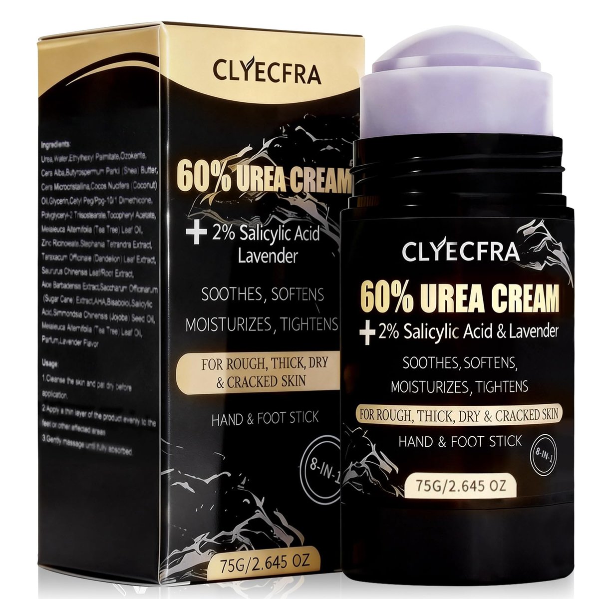 8-in-1 60% Urea Balm with 2% Salicylic Acid & Lavender - Maximum Strength Hand & Foot Stick for Rough, Dry, Thick & Cracked Skin, Callus Remover, Deep Hydration (75g) Avelisse