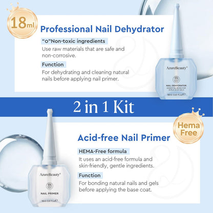 AZUREBEAUTY 18ml Nail Dehydrator and Primer – Acid-Free & Hema-Free Nail Prep Kit for Long-Lasting Gel Polish & Acrylic
