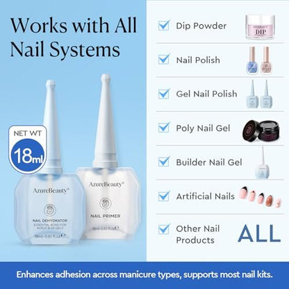 AZUREBEAUTY 18ml Nail Dehydrator and Primer – Acid-Free & Hema-Free Nail Prep Kit for Long-Lasting Gel Polish & Acrylic