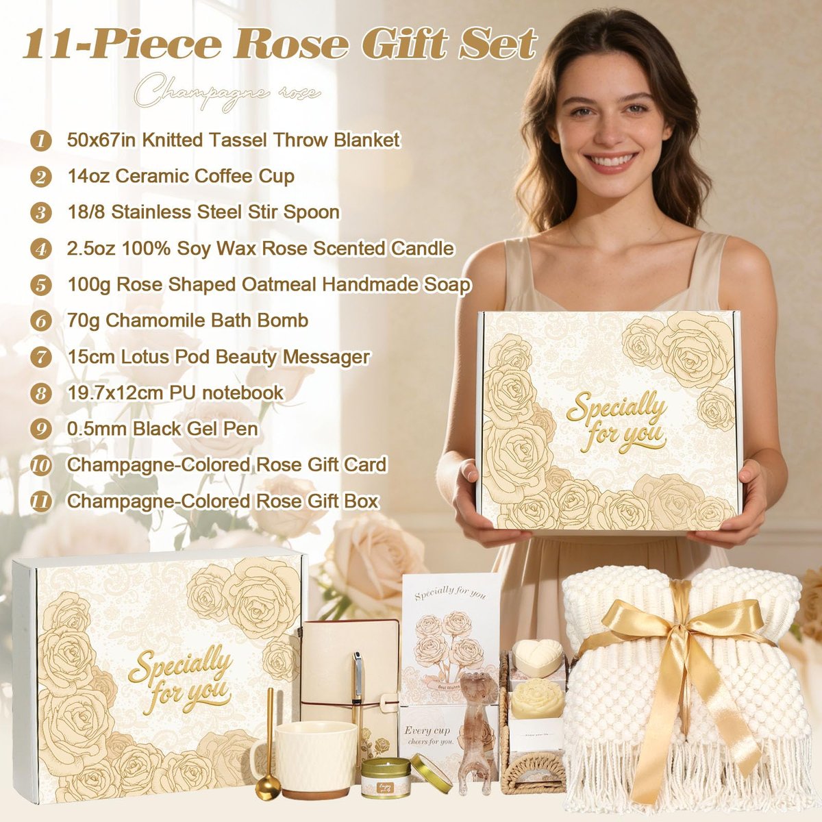 Champagne Ceramic Spa Gift Basket for Women - Self Care & Relaxation Gift for Mom, Wife, Grandma, Sister, Daughter, Friend - Large 3.9" Cup with Get Well & Thinking of You Theme Avelisse