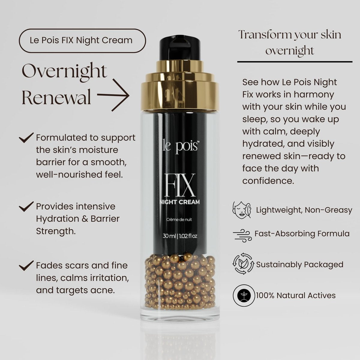 Le Pois FIX Night Cream – Anti-Aging Firming Wrinkle-Smoothing Night Moisturizer for Women, Overnight Hydrating Cream with Plant-Based Pea Protein for Dry Sensitive Skin, 1.02 oz Avelisse
