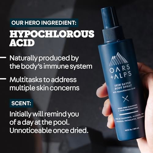 Oars + Alps Skin Saver Body Spray with Hypochlorous Acid - Eliminates Odors, Freshens & Soothes Irritation & Redness - Use After Workouts, Traveling & Post Shave - Safe & Clean Ingredients - 6.8oz Avelisse
