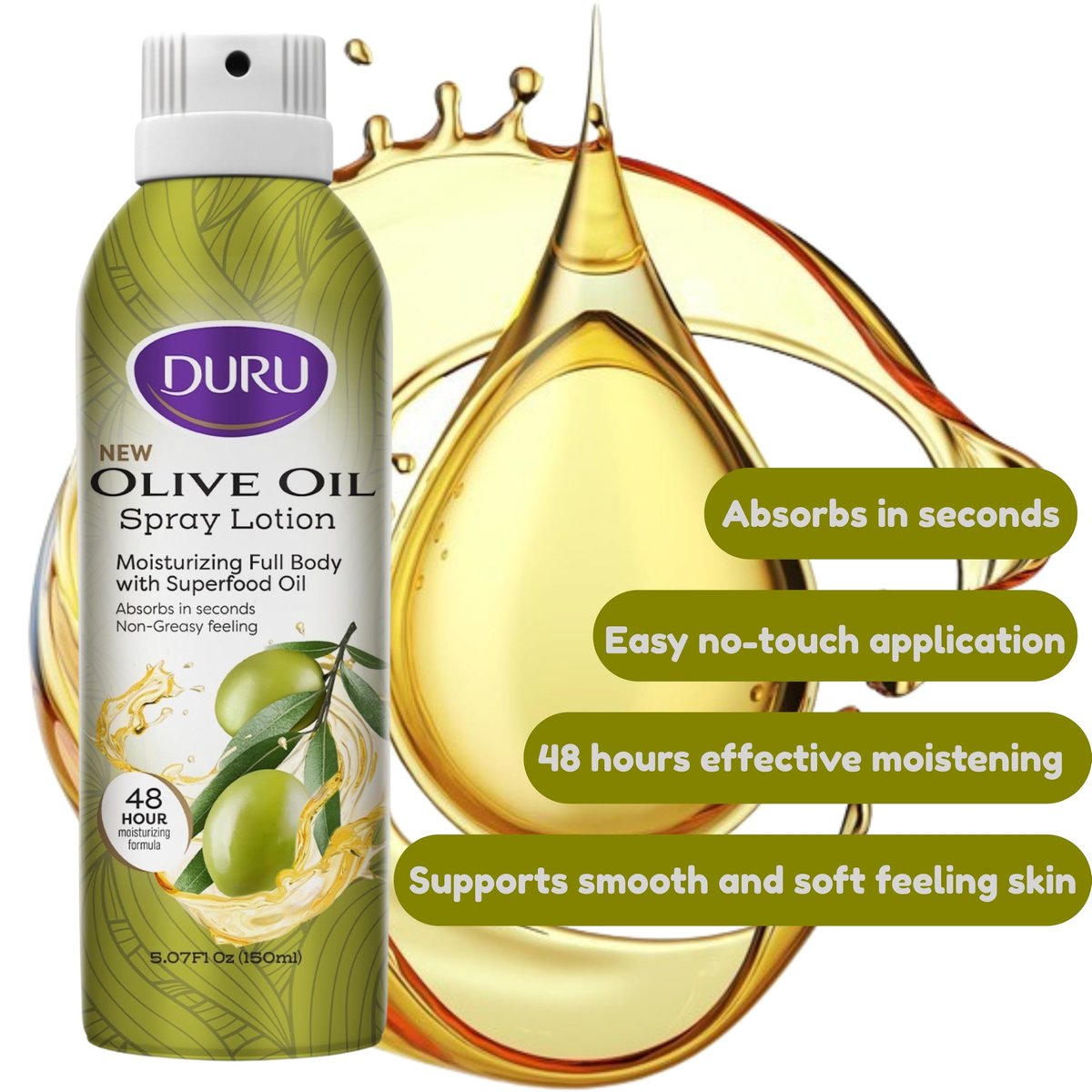 Duru Olive Oil Moisturizing Spray Lotion - 48 Hour Hydration Body Lotion for Dry Skin, 5 oz Avelisse